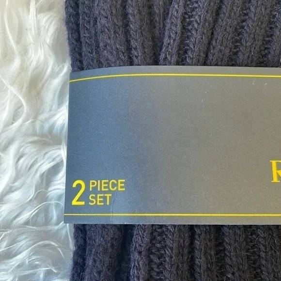 Brand New Polo Ralph Lauren 2-Piece Wool Hat & Scarf Set Navy Blue Deep Red Pony